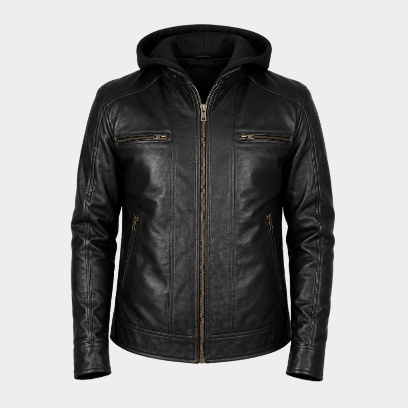 Hector Black Hooded Leather Biker Jacket