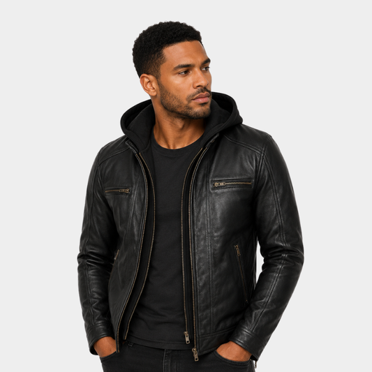 Hector Black Hooded Leather Biker Jacket