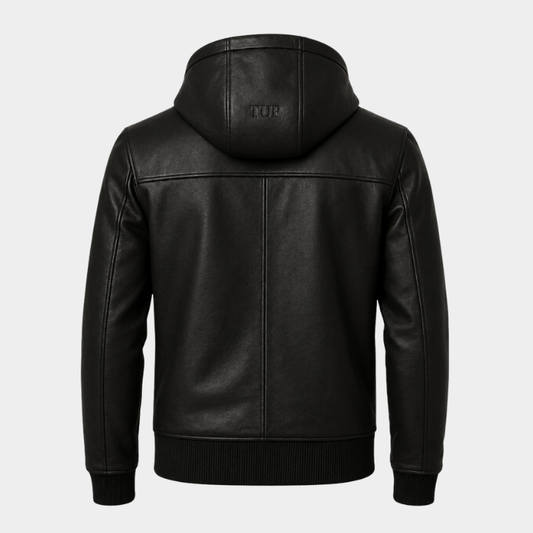 Men's Black Real Leather Hoodie Genuine Cowhide Leather Bomber Hooded Jacket