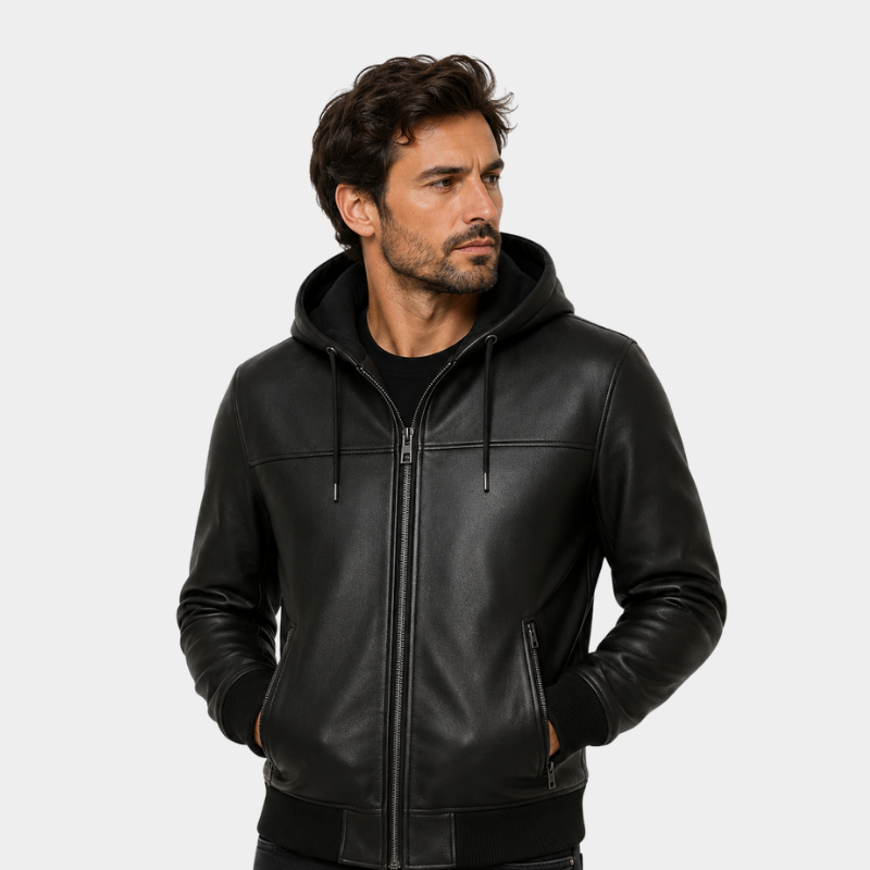 Men's Black Real Leather Hoodie Genuine Cowhide Leather Bomber Hooded Jacket