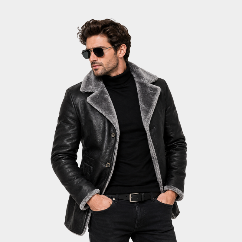 Men's Raf B3 Real Leather Long Coat Aviator Flying Bomber Sherpa-Fur Coat Black