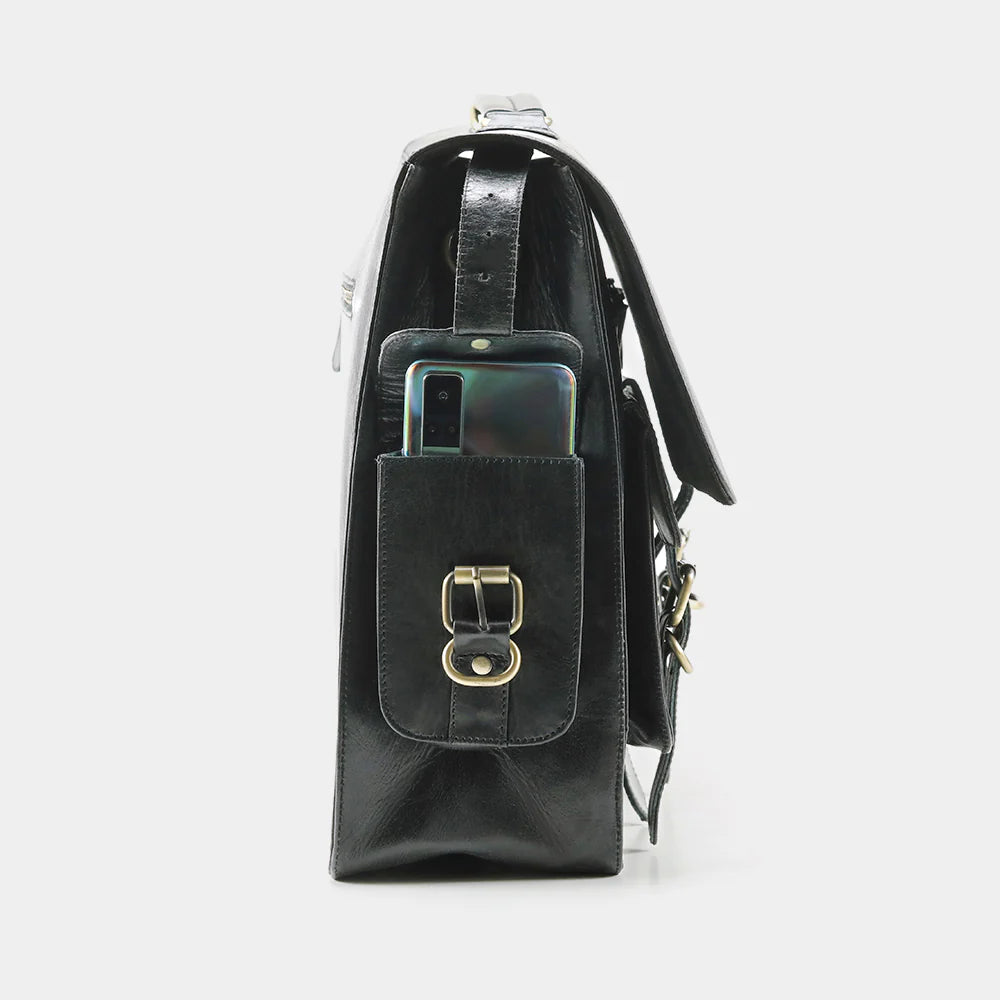 Rear view of premium leather messenger bag with durable craftsmanship.