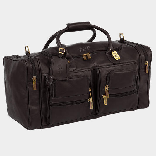 Black executive leather duffle bag handcrafted from premium full grain leather with spacious storage
