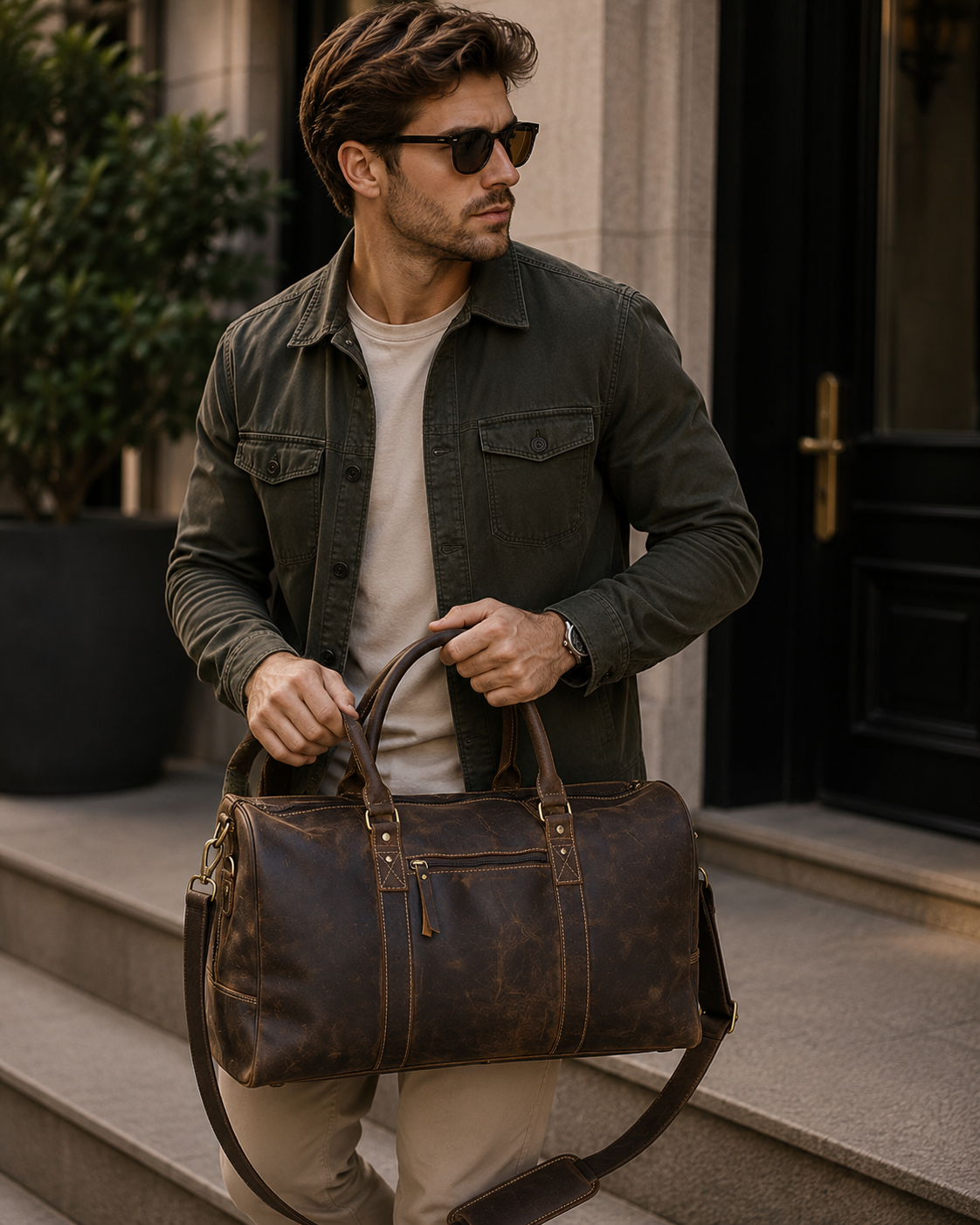 Lifestyle image of man wearing full grain leather duffle bag during business travel
