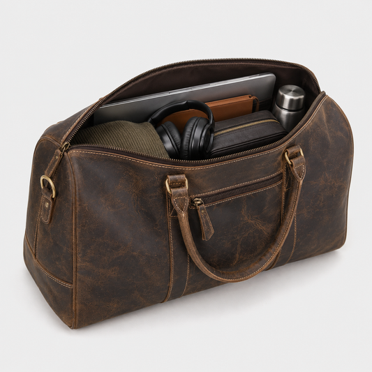 Side view of handmade brown full grain leather duffle bag with spacious storage compartment