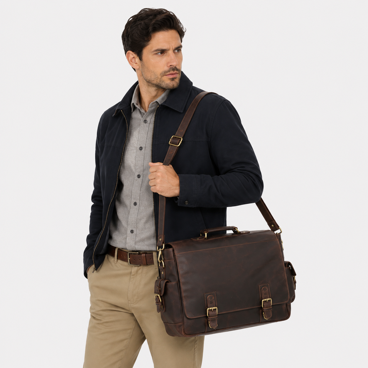 norwood-leather-messenger-model. brown leather