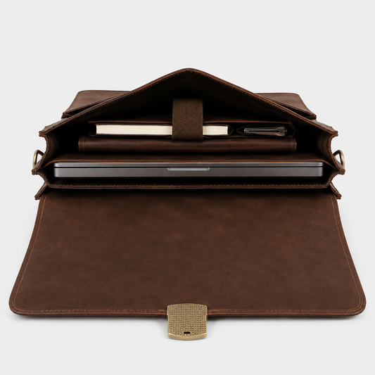 Interior of Rothwell leather briefcase featuring organized compartments and padded laptop sleeve.