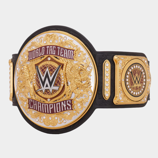 Side angled view of the Dynasty Tag Team Championship replica title belt