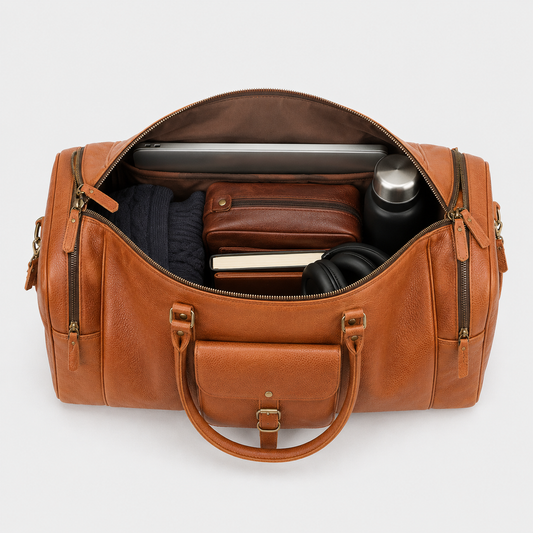 Top interior view of The Grant Duffle showing spacious storage compartments and premium lining