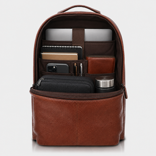 Interior of The Lincoln leather backpack with dual compartments, laptop sleeve, and organizer pockets