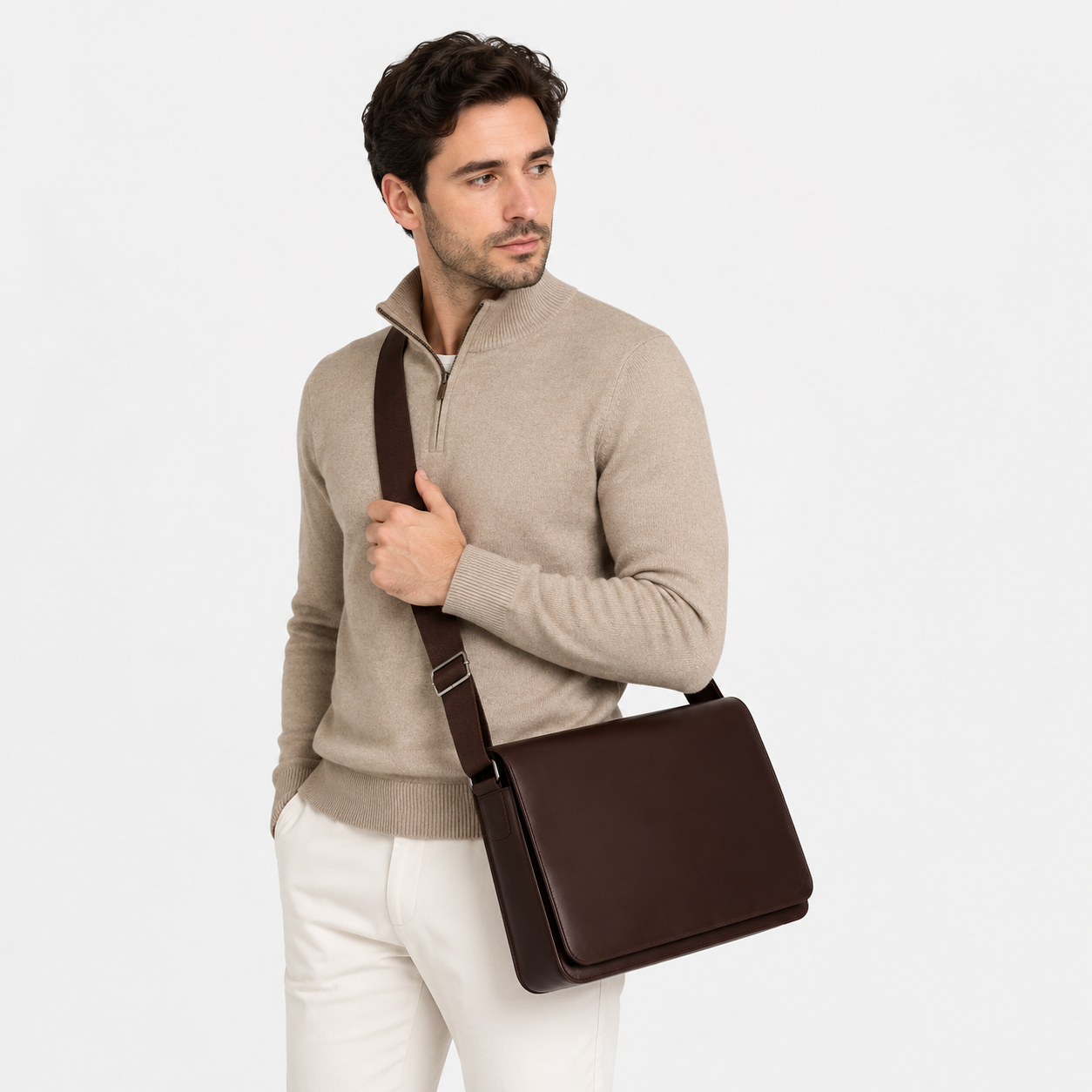 Professional carrying The Mercer leather briefcase during everyday office commute