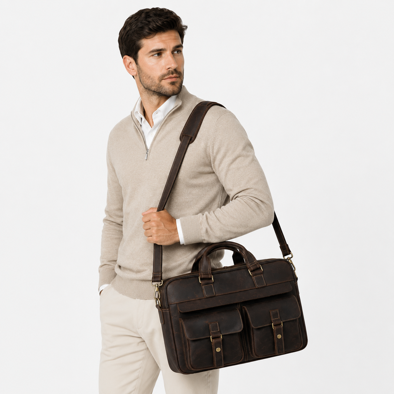 Business professional wearing a premium leather messenger bag for everyday office use.