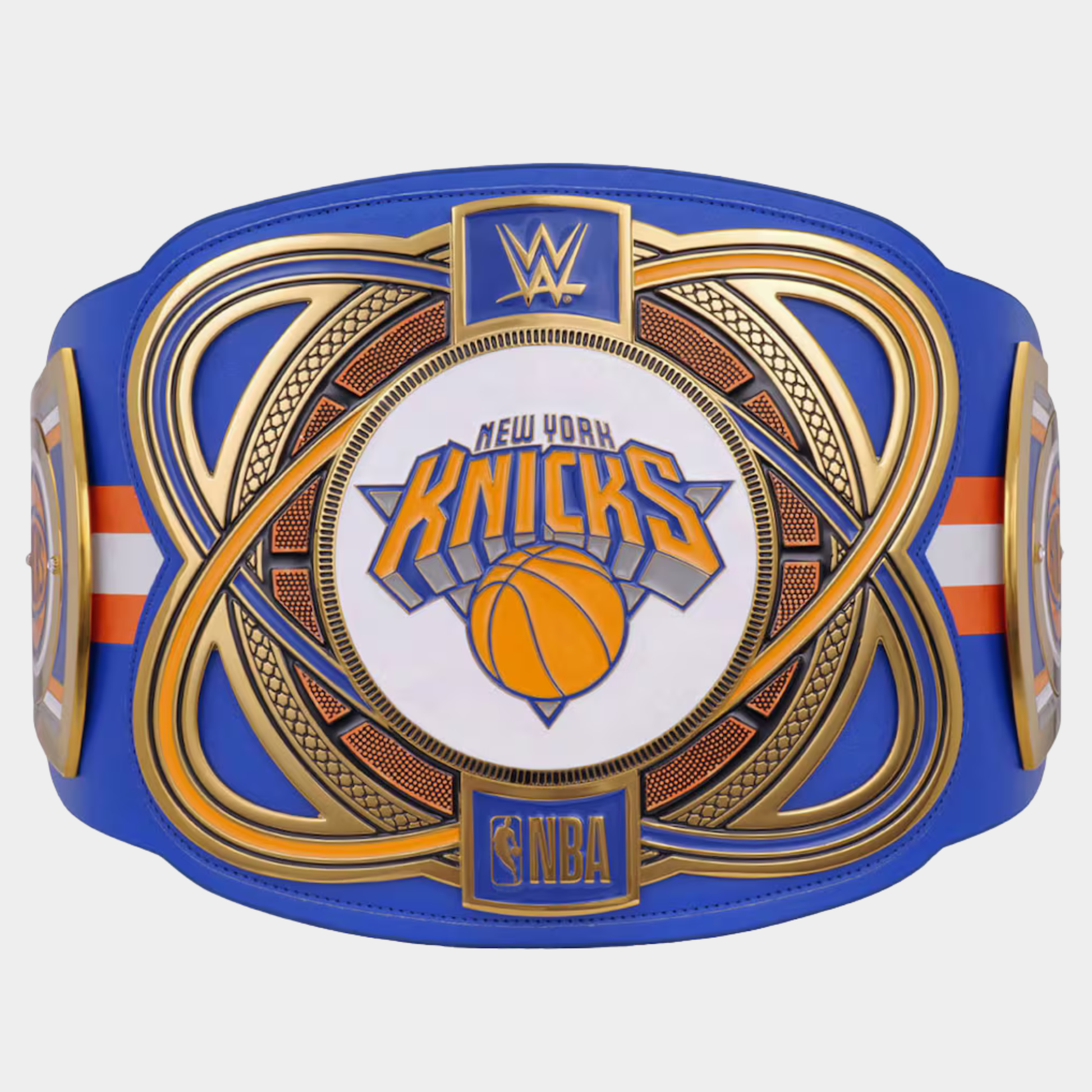 A replica of the WWE Raw 2024 New York Knicks championship belt, featuring a royal blue strap with gold and white accents, and a central plate displaying the New York Knicks logo and WWE branding.