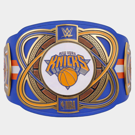 A replica of the WWE Raw 2024 New York Knicks championship belt, featuring a royal blue strap with gold and white accents, and a central plate displaying the New York Knicks logo and WWE branding.