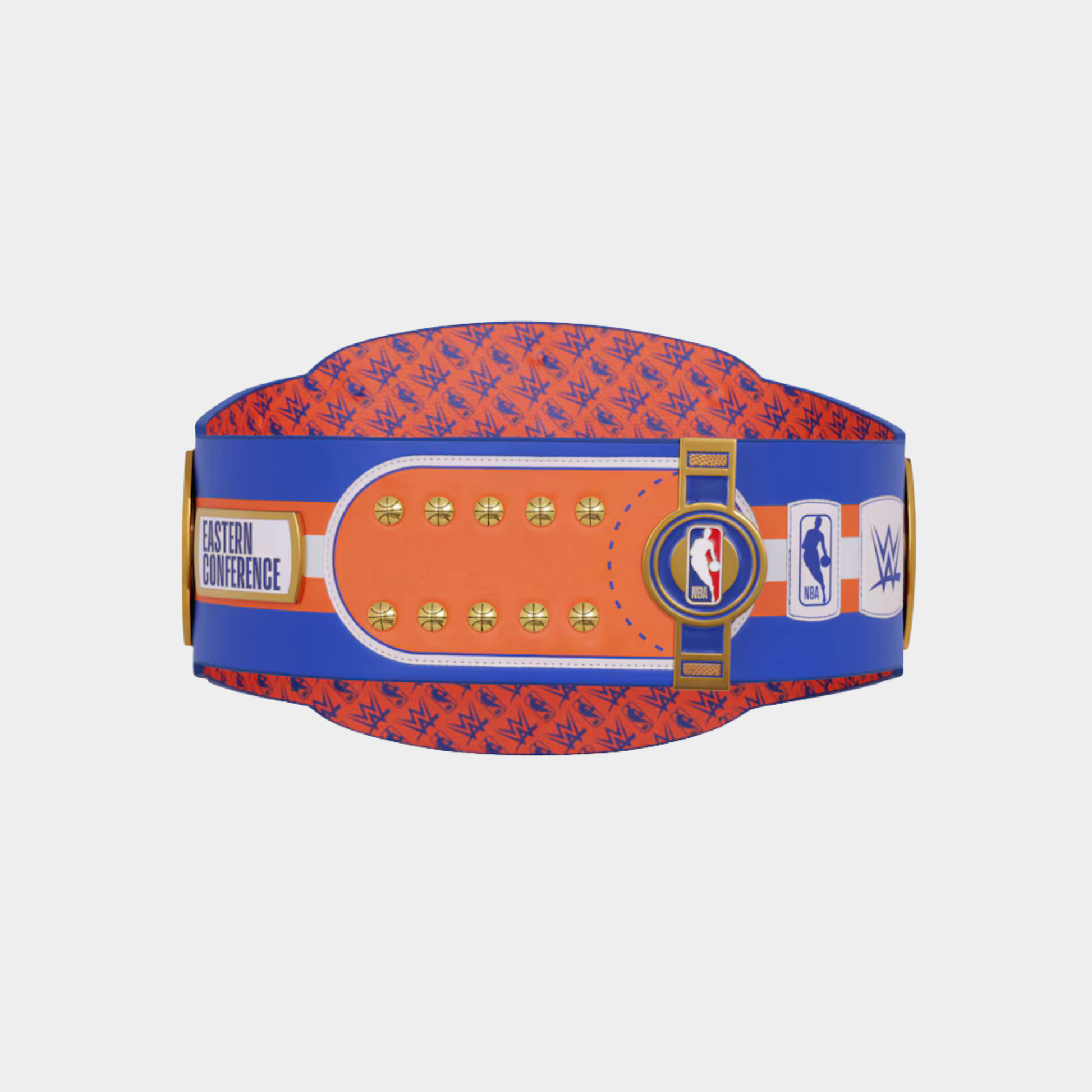An Eastern Conference NBA championship belt with orange and blue patterned fabric, gold-tone studs, and official NBA and Western Conference logos, shown against a light gray background.
