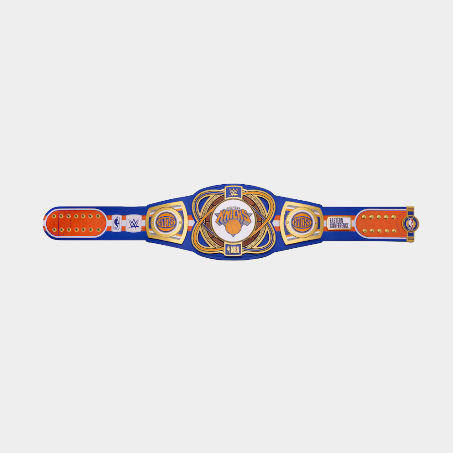A WWE Raw Championship belt featuring a blue strap with gold and orange metallic plates, centered on a light gray background.