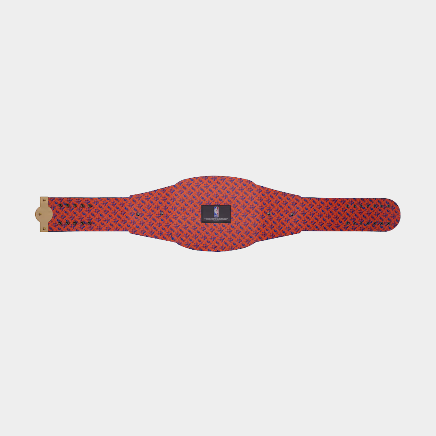 A red and black patterned belt with a central black electronic module and a gold-toned buckle, shown flat against a light gray background.