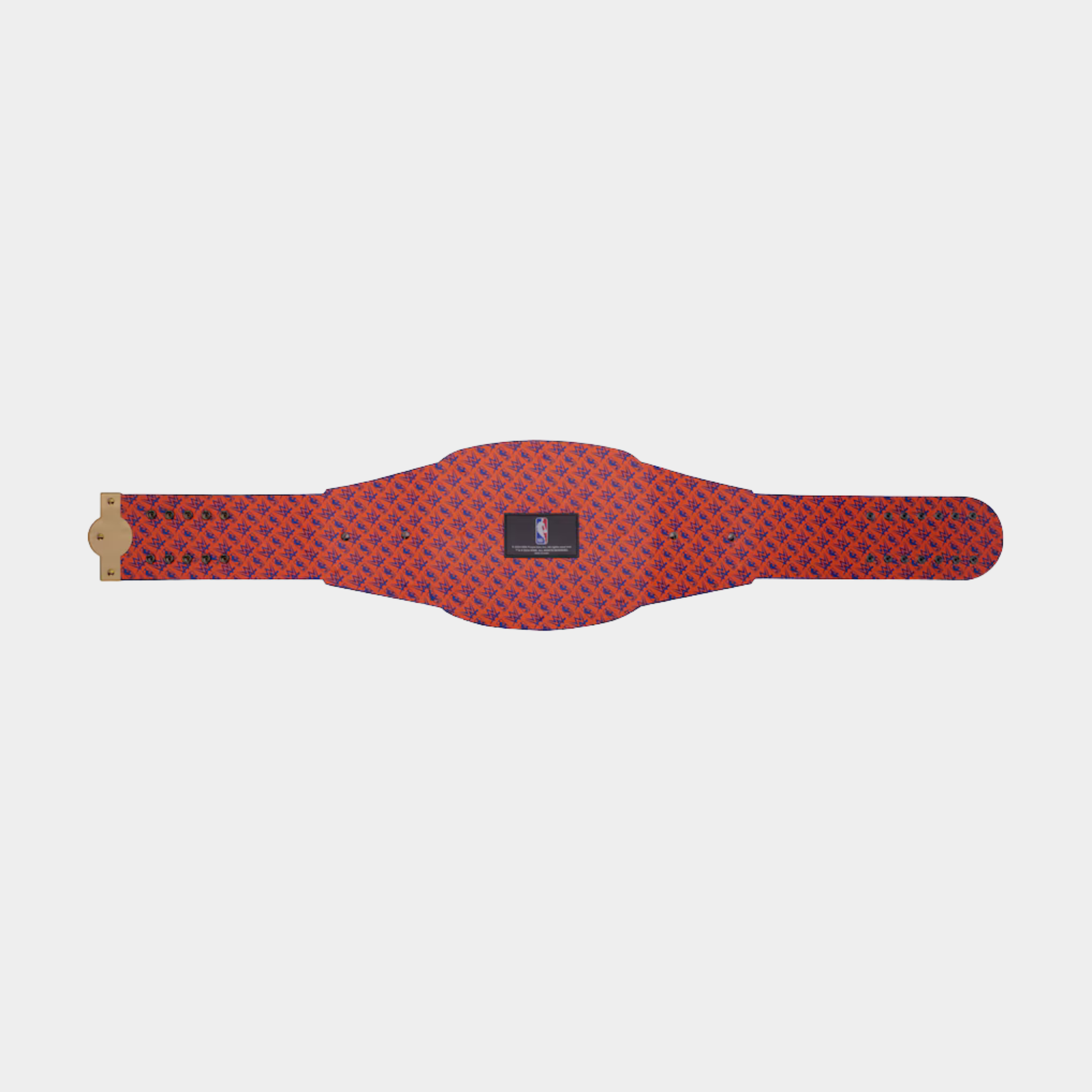 A red and black patterned belt with a central black electronic module and a gold-toned buckle, shown flat against a light gray background.