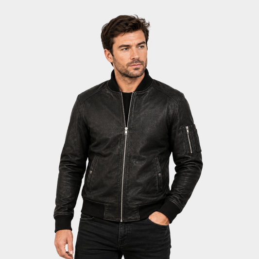 Bomia Ma-1 Distressed Black Leather Bomber Jacket