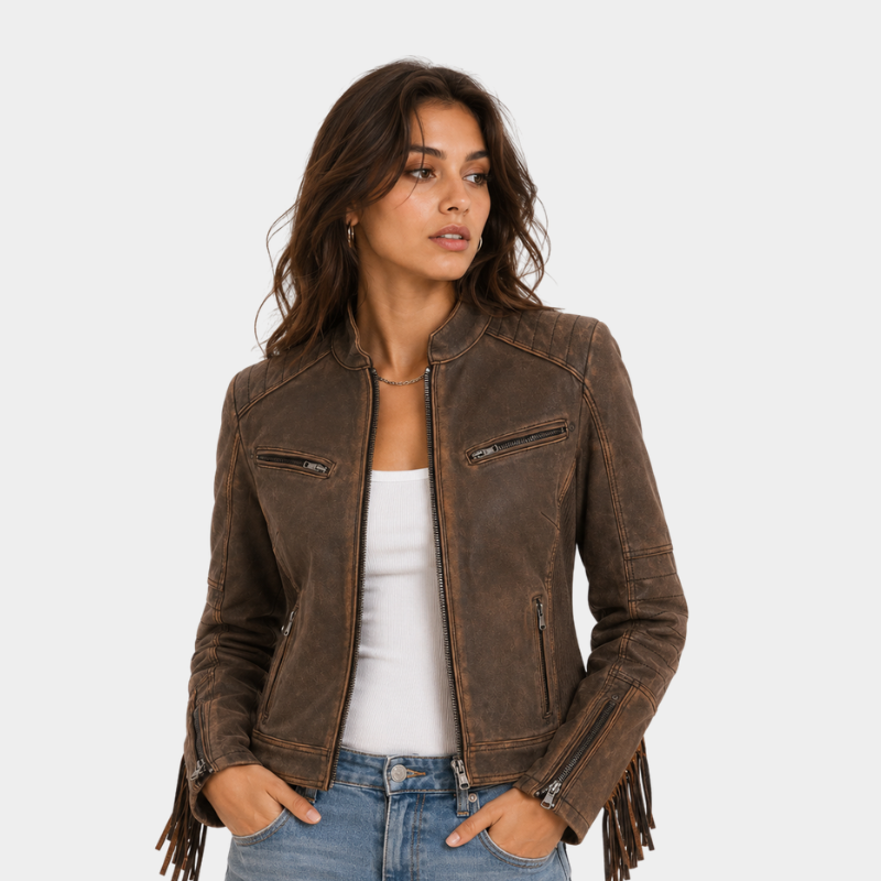 Dakota Women's Vintage Brown Fringe Leather Jacket