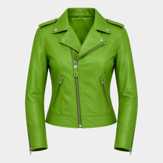 Emerald Edge Women's Green Leather Biker Jacket