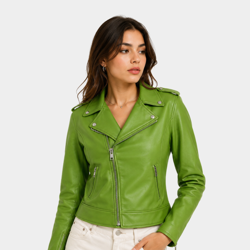 Emerald Edge Women's Green Leather Biker Jacket