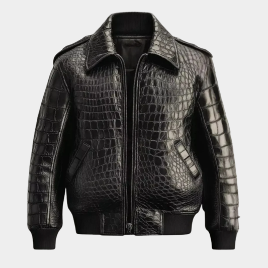 Men's Black Real Leather Crocodile Embossed Jacket Biker Alligator Print Jacket