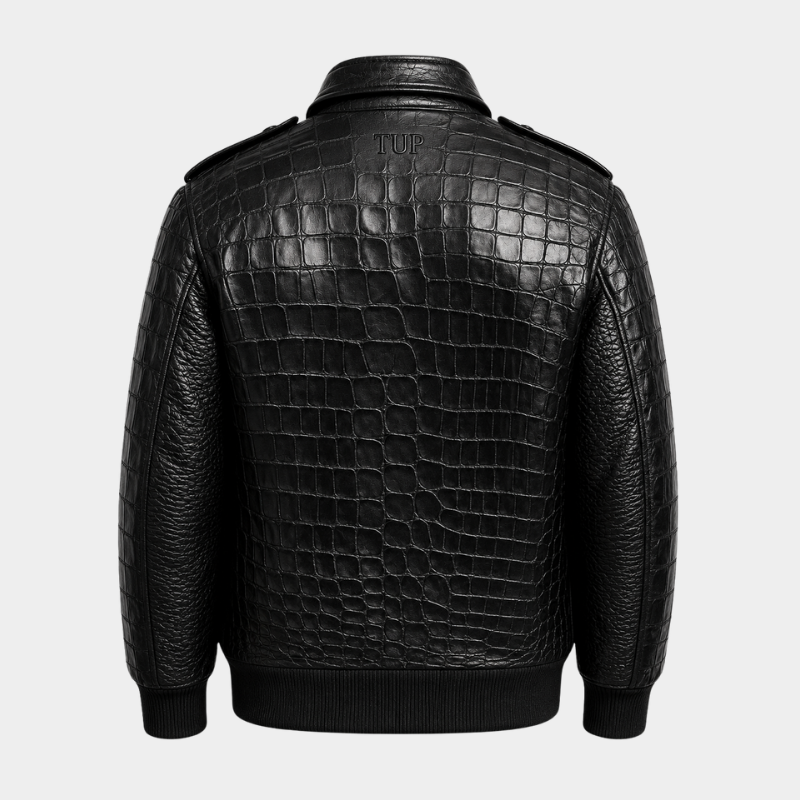 Men's Black Real Leather Crocodile Embossed Jacket Biker Alligator Print Jacket