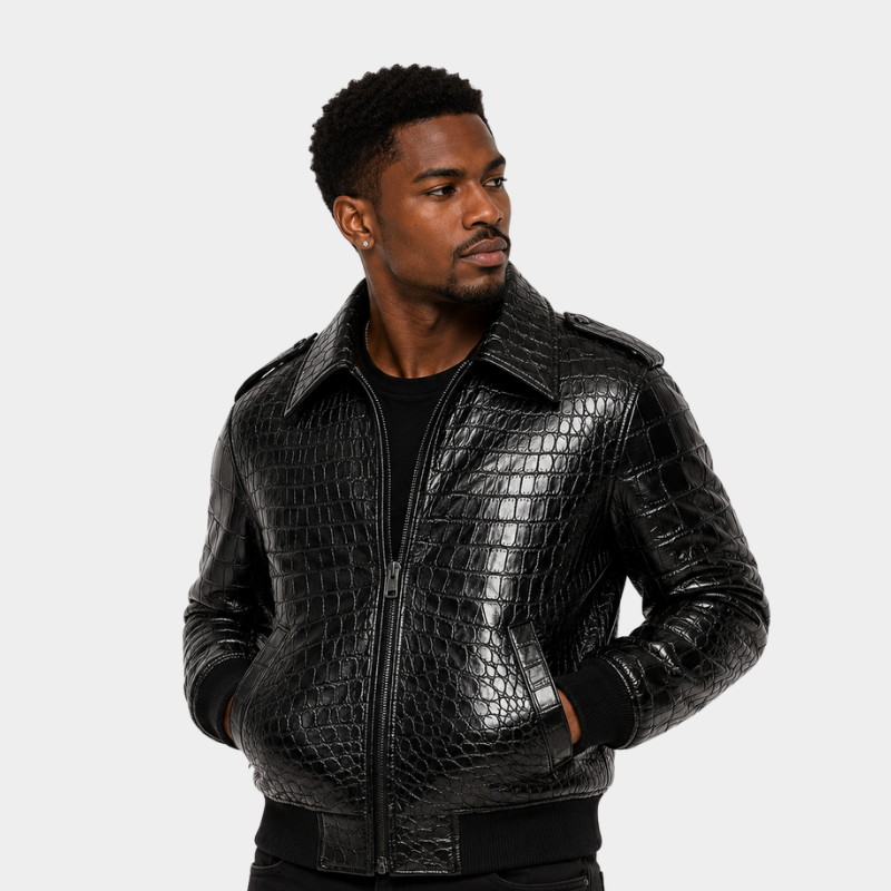 Men's Black Real Leather Crocodile Embossed Jacket Biker Alligator Print Jacket