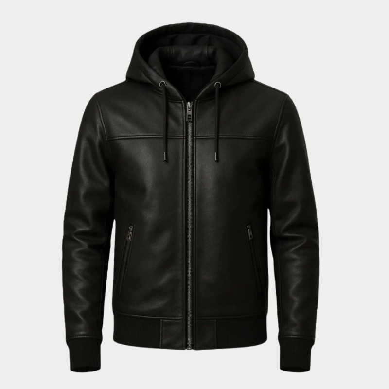 Men's Black Real Leather Hoodie Genuine Cowhide Leather Bomber Hooded Jacket