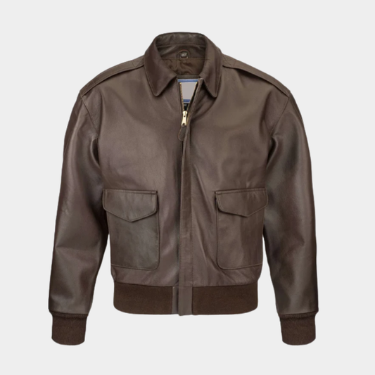 Men's Tan Cowhide Shearling-Trim Flight Leather Bomber Jacket