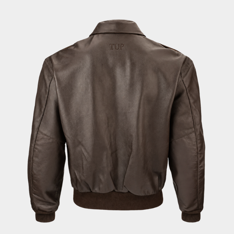 Men's Tan Cowhide Shearling-Trim Flight Leather Bomber Jacket