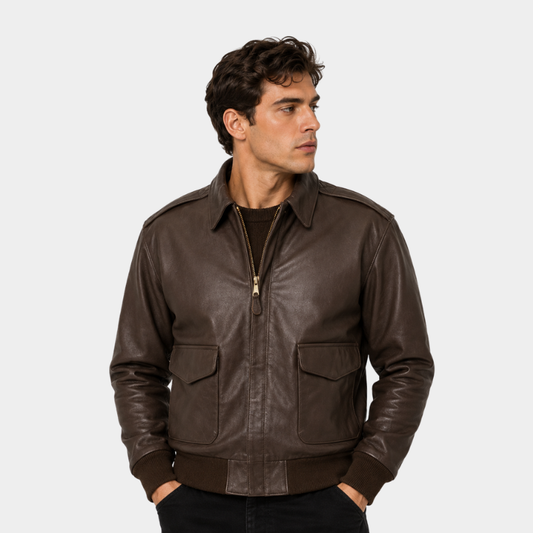 Men's Tan Cowhide Shearling-Trim Flight Leather Bomber Jacket