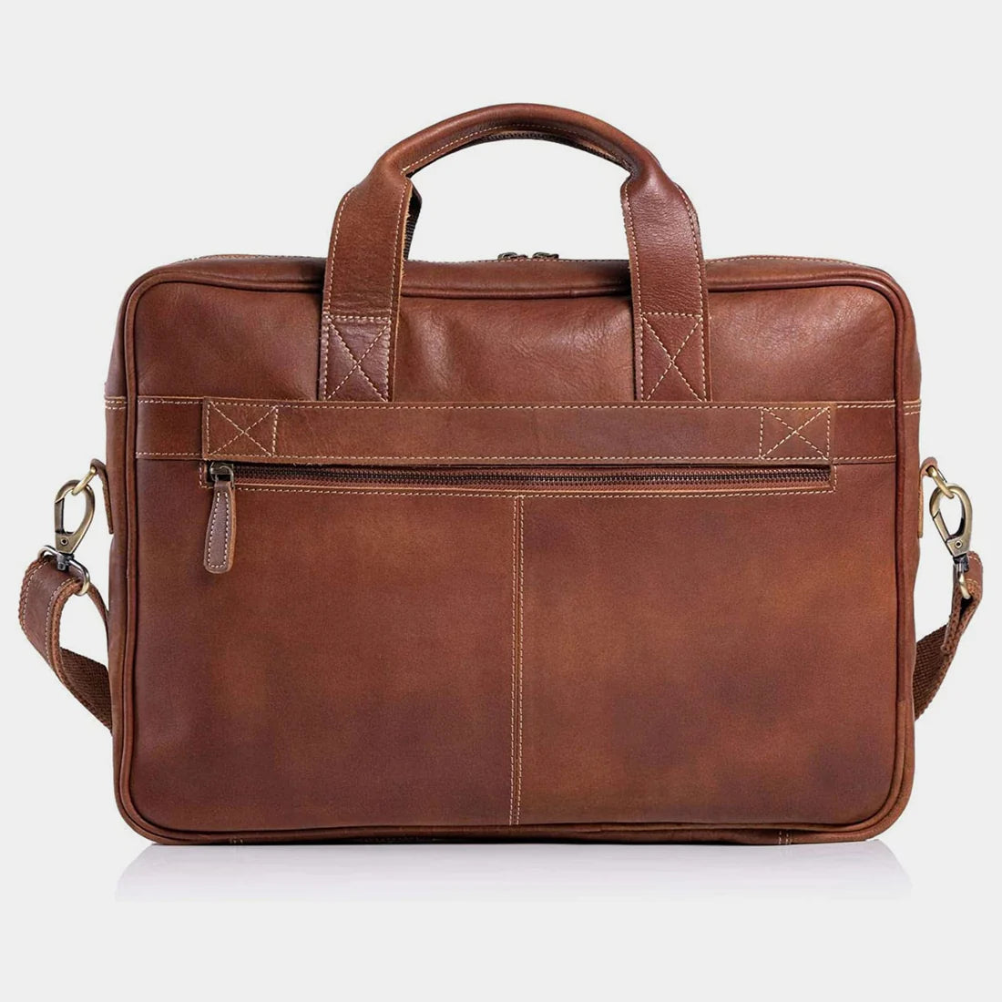 Brown leather briefcase with shoulder strap on a white background