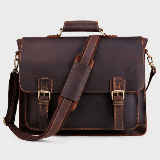 Premium brown leather messenger bag with buckle closure and adjustable shoulder strap for business professionals.