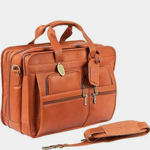 Front view of premium leather laptop messenger bag with detachable shoulder strap.