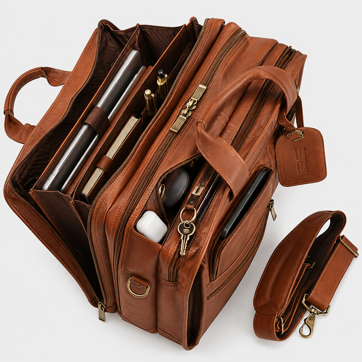 Interior of Aldridge leather messenger bag with multiple compartments and laptop storage.