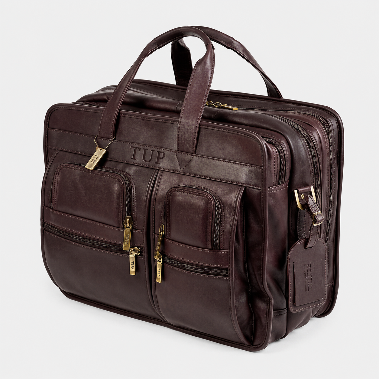 Side view of luxury leather messenger bag with expandable storage compartments.