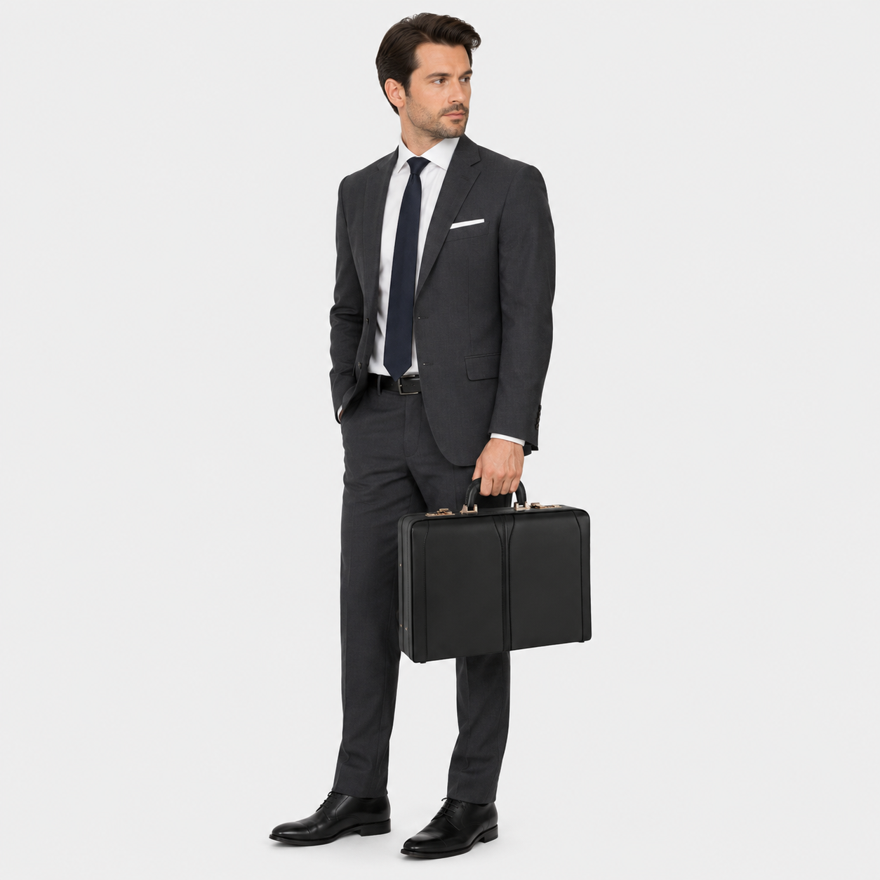 Executive carrying the Belmont leather briefcase for office and corporate meetings.