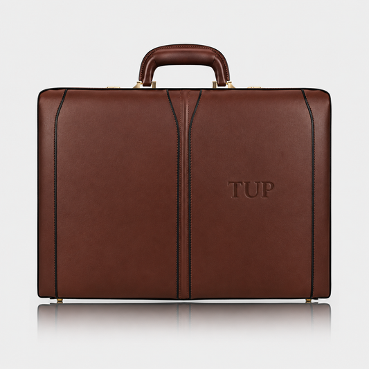 Belmont premium full-grain leather briefcase with structured executive design and top handle.