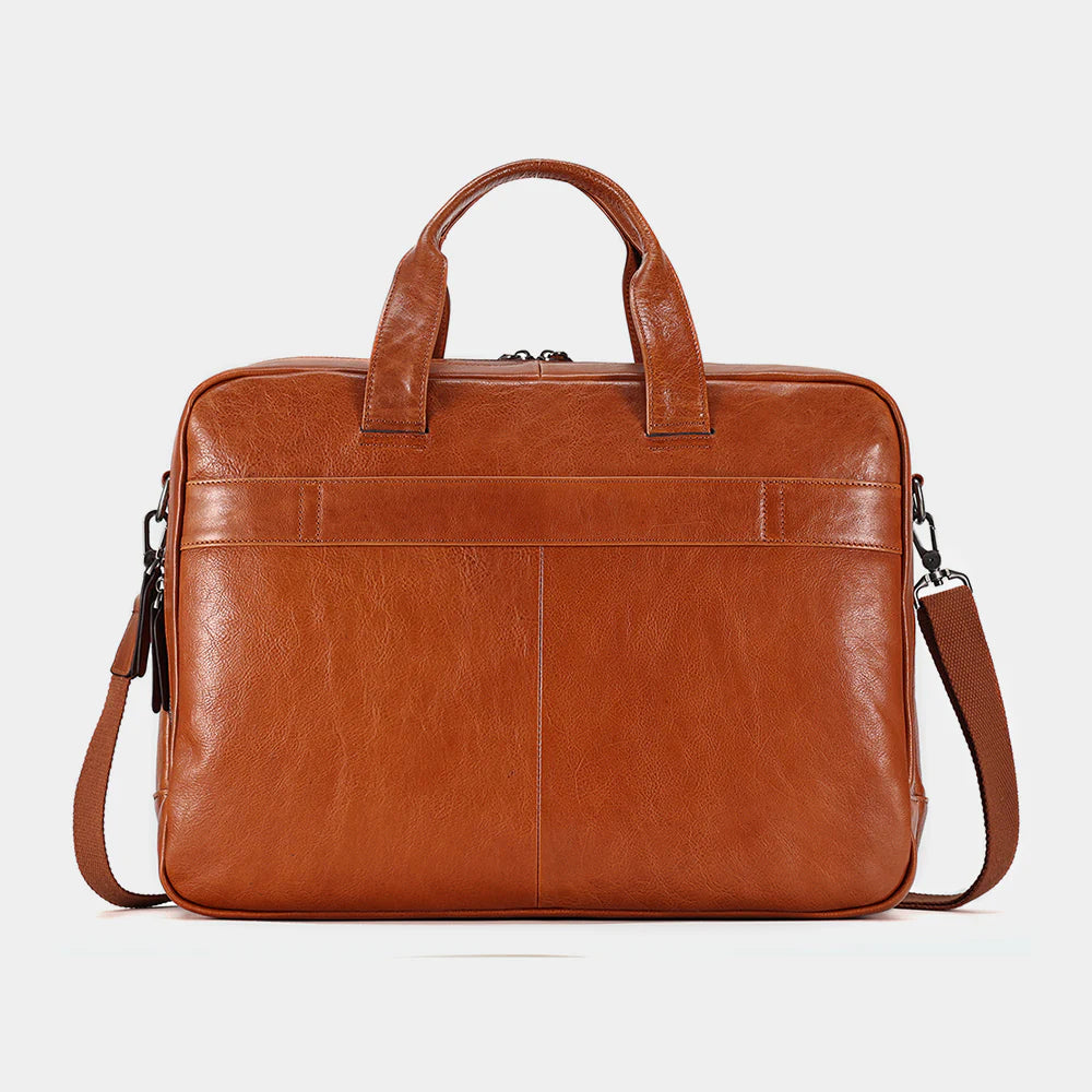 Front view of handcrafted leather messenger bag designed for business professionals and daily office use.