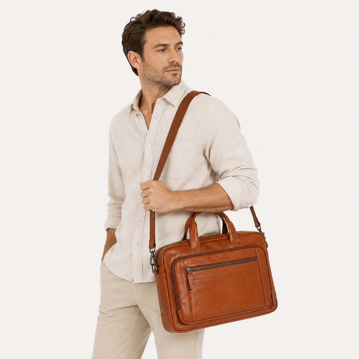 Professional carrying a brown leather messenger bag for office, meetings, and business travel.