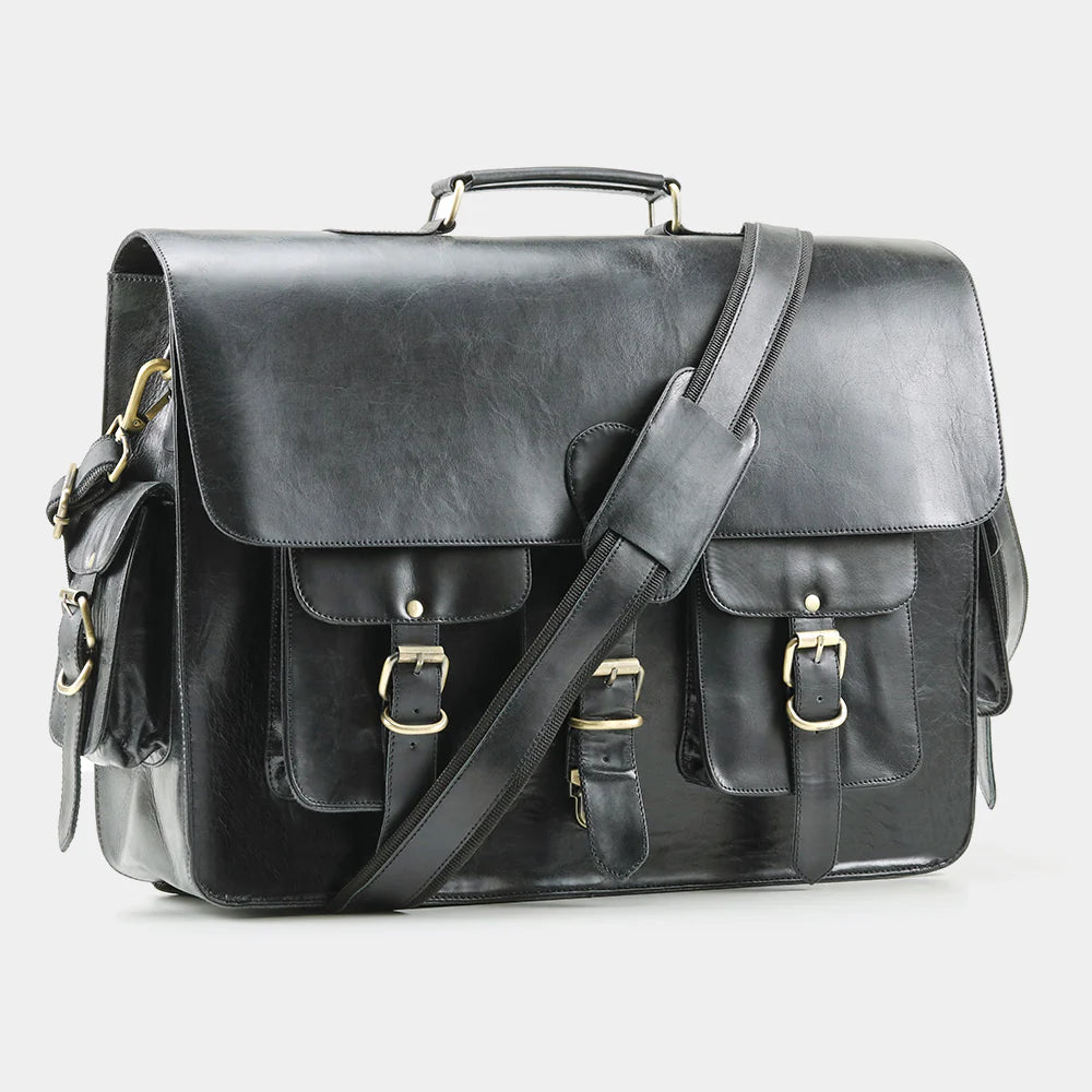 Black full-grain leather messenger bag with adjustable shoulder strap for business professionals.