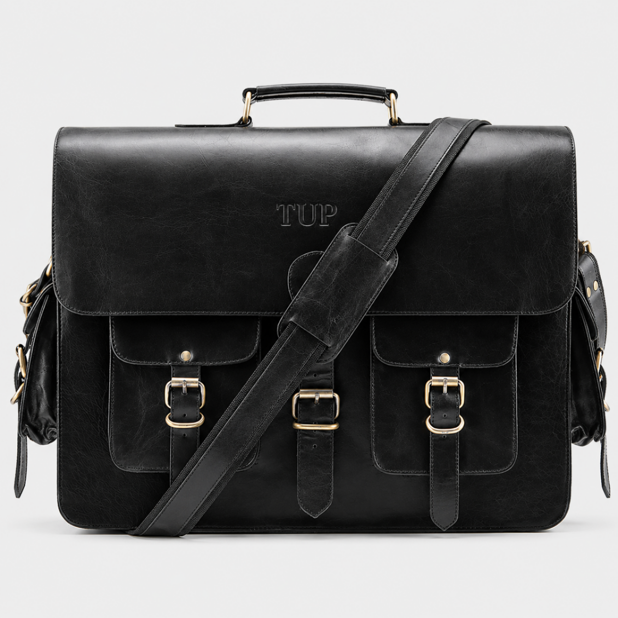 Black full-grain leather messenger bag with adjustable shoulder strap for business professionals.