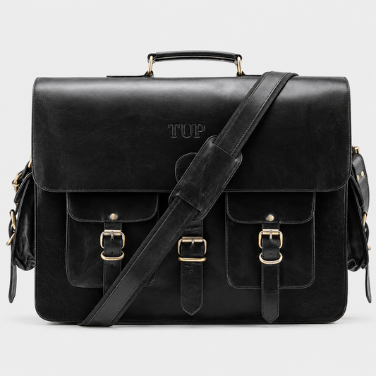 Black full-grain leather messenger bag with adjustable shoulder strap for business professionals.