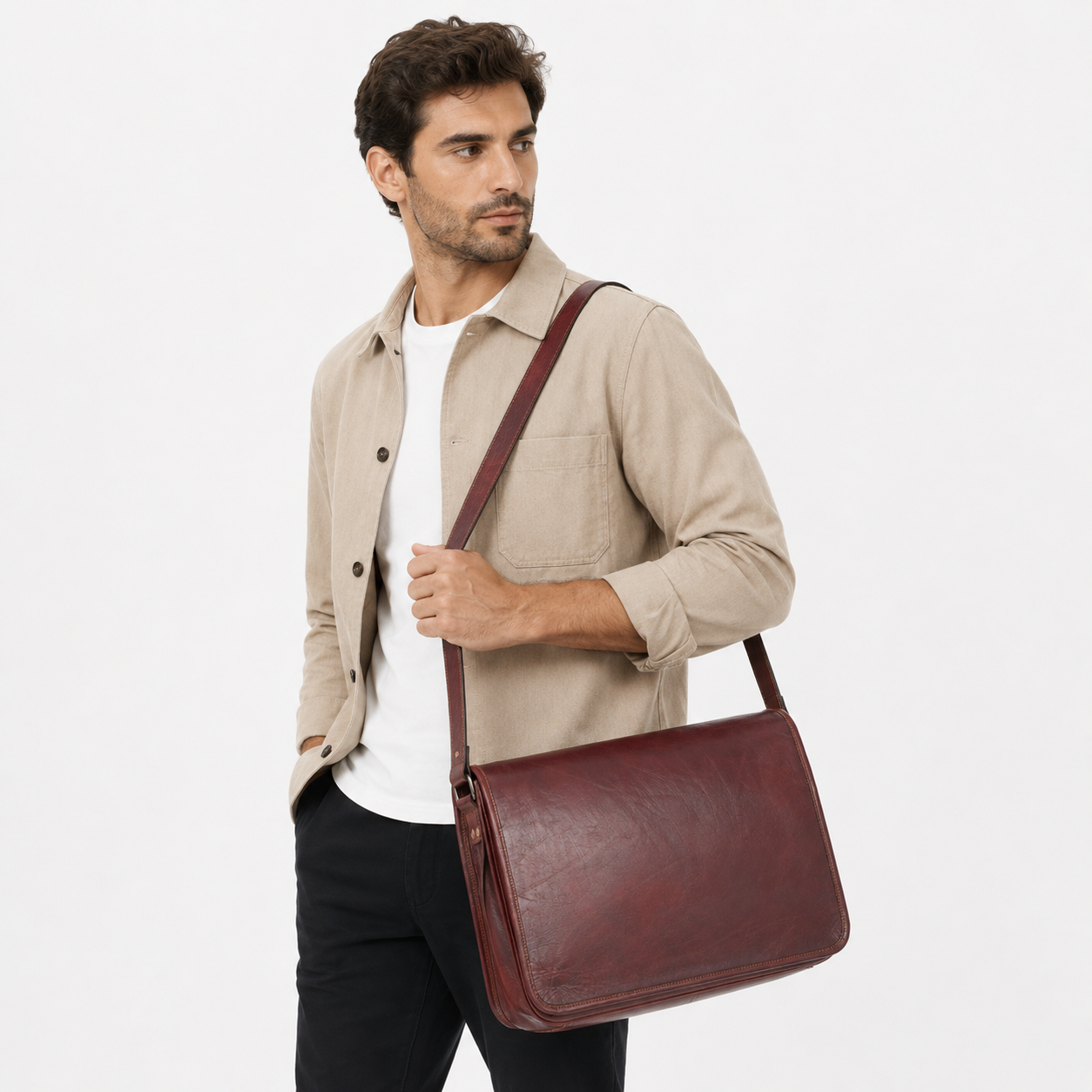 Professional carrying a handcrafted brown leather messenger bag for office and meetings.