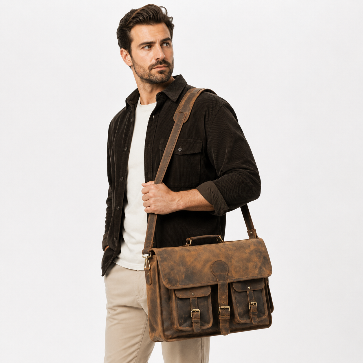 Professional carrying a premium leather messenger bag for office, commuting, and business travel.