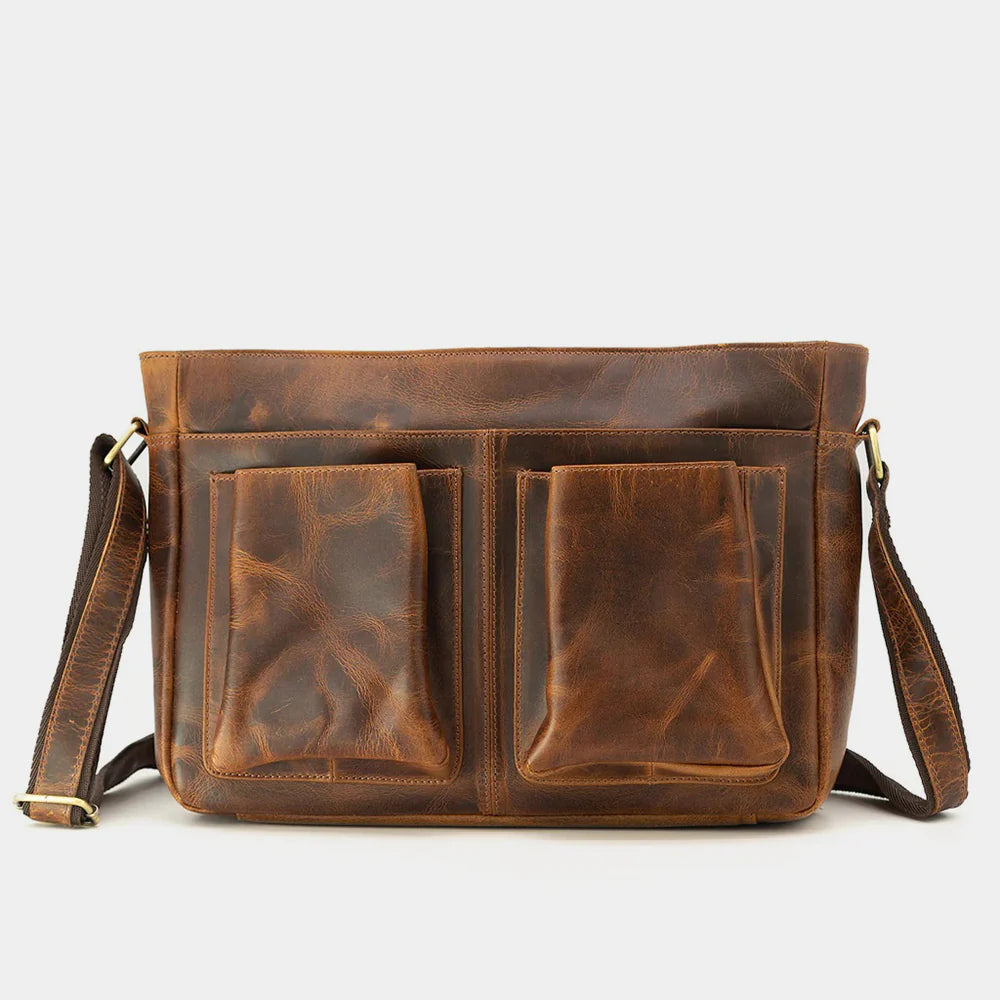 Back view of the Ellery leather messenger bag with clean professional design.