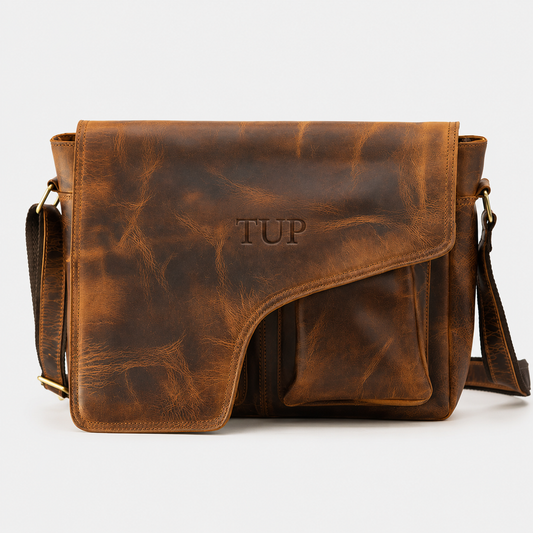 Ellery premium full-grain leather messenger bag with magnetic flap closure and adjustable shoulder strap.