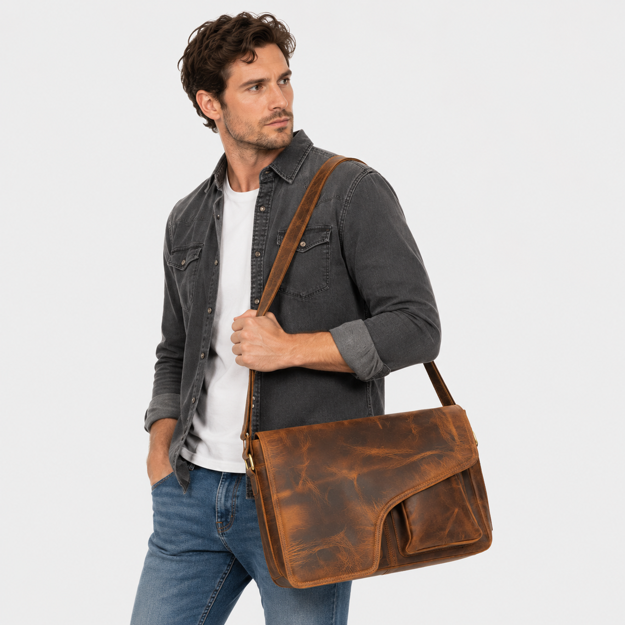 Professional carrying the Ellery leather messenger bag for office and business travel.